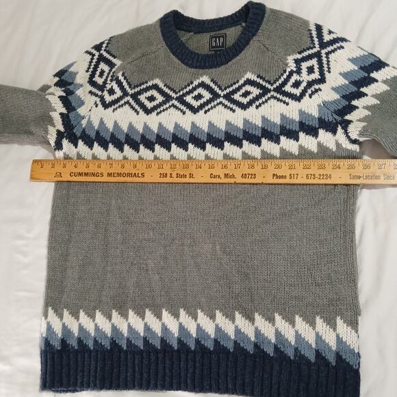 GAP Men's XL Fairisle Crew Heather Grey Acrylic/Wool Grey/Blue/White Sweater - Picture 7 of 10